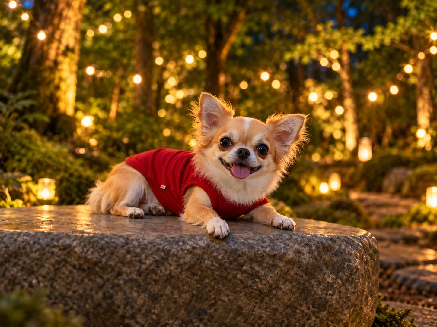 光の森でくつろぐ愛犬
